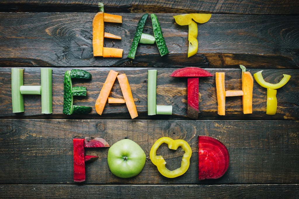 Eat healthy food spelled in food