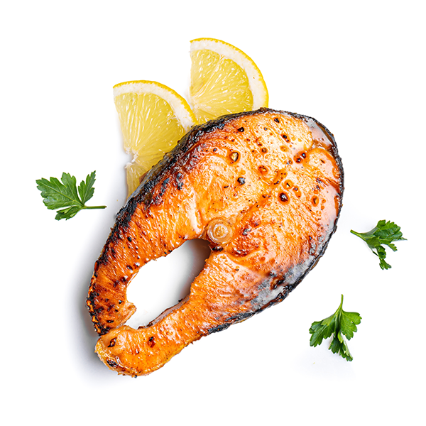 a piece of grilled fish with lemon slices and parsley